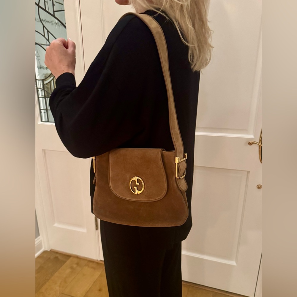 Gucci Taupe Suede Shoulder Bag with Gold Hardware - Picture 13 of 15